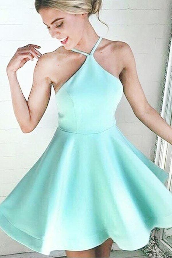 Vestido corto de satén menta para fiesta de bienvenida, corte halter, línea A, con fruncido PD007