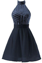 Vestido corto rosa de gasa con lentejuelas, corte halter y corte en A para fiesta de bienvenida/cóctel PD064