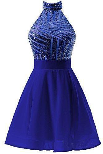 Vestido corto rosa de gasa con lentejuelas, corte halter y corte en A para fiesta de bienvenida/cóctel PD064