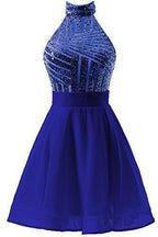 Vestido corto rosa de gasa con lentejuelas, corte halter y corte en A para fiesta de bienvenida/cóctel PD064