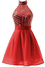 Vestido corto rosa de gasa con lentejuelas, corte halter y corte en A para fiesta de bienvenida/cóctel PD064