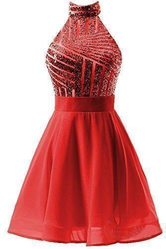 Vestido corto rosa de gasa con lentejuelas, corte halter y corte en A para fiesta de bienvenida/cóctel PD064