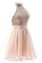 Vestido corto rosa de gasa con lentejuelas, corte halter y corte en A para fiesta de bienvenida/cóctel PD064