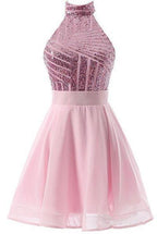 Vestido corto rosa de gasa con lentejuelas, corte halter y corte en A para fiesta de bienvenida/cóctel PD064