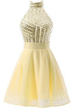 Vestido corto rosa de gasa con lentejuelas, corte halter y corte en A para fiesta de bienvenida/cóctel PD064