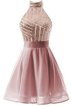 Vestido corto rosa de gasa con lentejuelas, corte halter y corte en A para fiesta de bienvenida/cóctel PD064