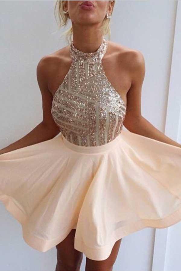 Vestido corto rosa de gasa con lentejuelas, corte halter y corte en A para fiesta de bienvenida/cóctel PD064