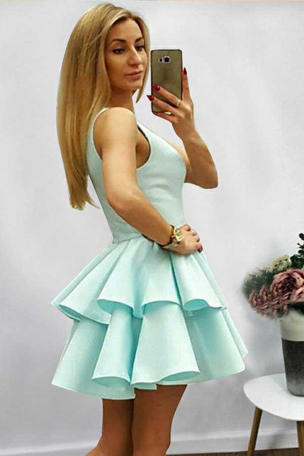 Vestido corto de satén menta sin mangas, corte línea A, escote halter y volantes para baile de bienvenida (PD085)