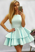 Vestido corto de satén menta sin mangas, corte línea A, escote halter y volantes para baile de bienvenida (PD085)