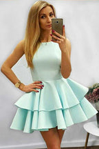 Vestido corto de satén menta sin mangas, corte línea A, escote halter y volantes para baile de bienvenida (PD085)