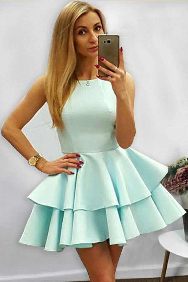 Vestido corto de satén menta sin mangas, corte línea A, escote halter y volantes para baile de bienvenida (PD085)