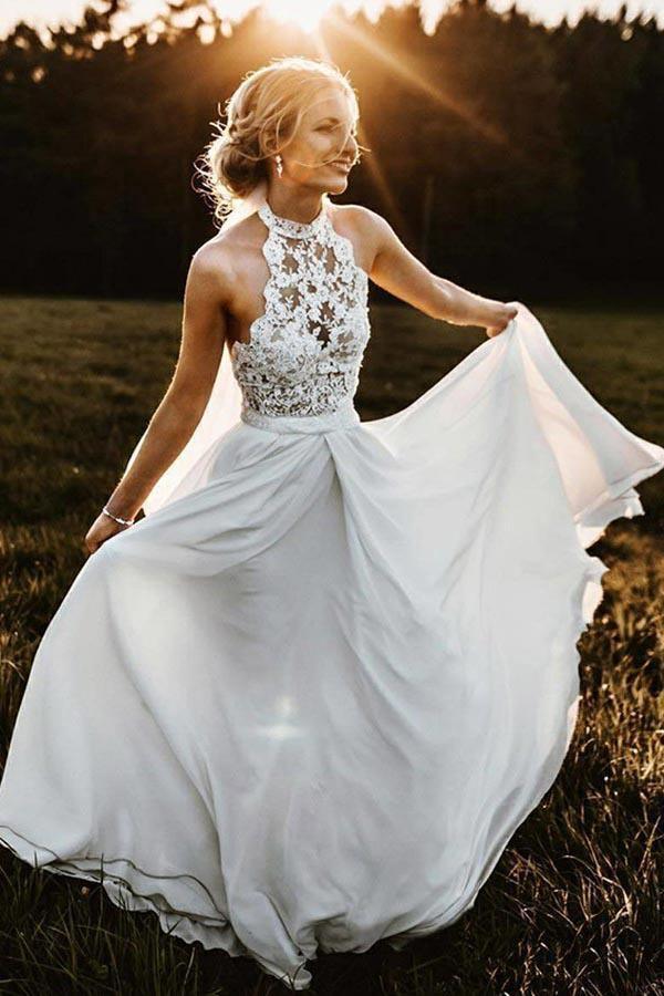 Robe de mariée longue de plage en mousseline de soie, sans manches, coupe trapèze, dos nu et dentelle WD304