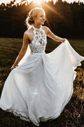Robe de mariée longue de plage en mousseline de soie, sans manches, coupe trapèze, dos nu et dentelle WD304