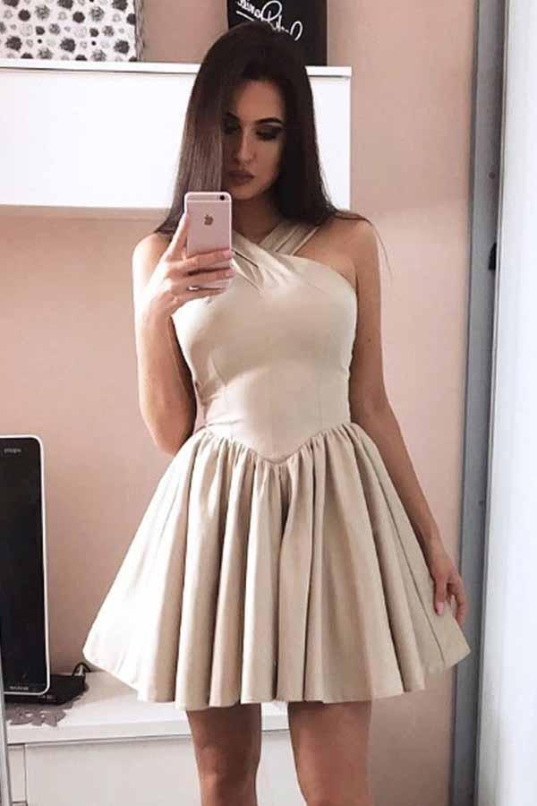 Vestido corto de satén sin mangas con escote halter y corte en A para baile de graduación o fiesta de bienvenida PD051