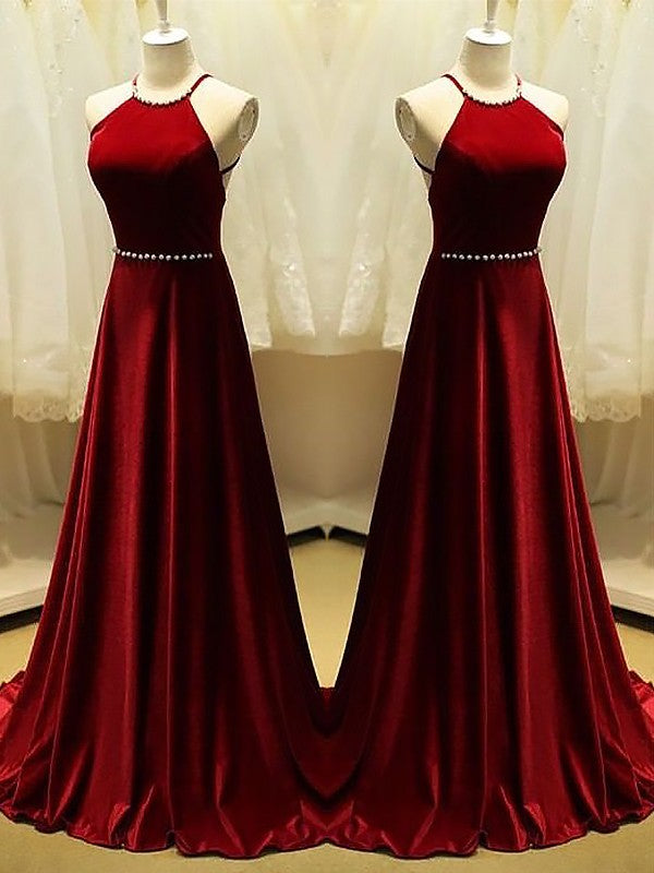 Vestidos de fiesta de satén sin mangas con escote halter y cuentas, corte en A