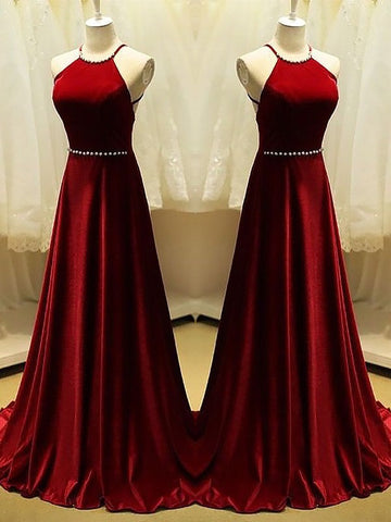 A-Line Halter Sleeveless With Beading Satin Prom Dresses
