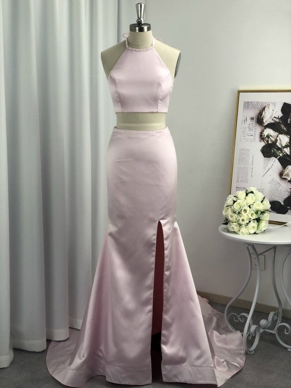 Vestidos de fiesta de dos piezas de satén, corte en A, sin mangas, con volantes y escote halter.
