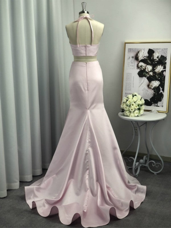 Vestidos de fiesta de dos piezas de satén, corte en A, sin mangas, con volantes y escote halter.