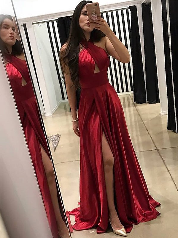 Vestidos de fiesta de satén tipo seda, corte línea A, sin mangas, con volantes y escote halter.