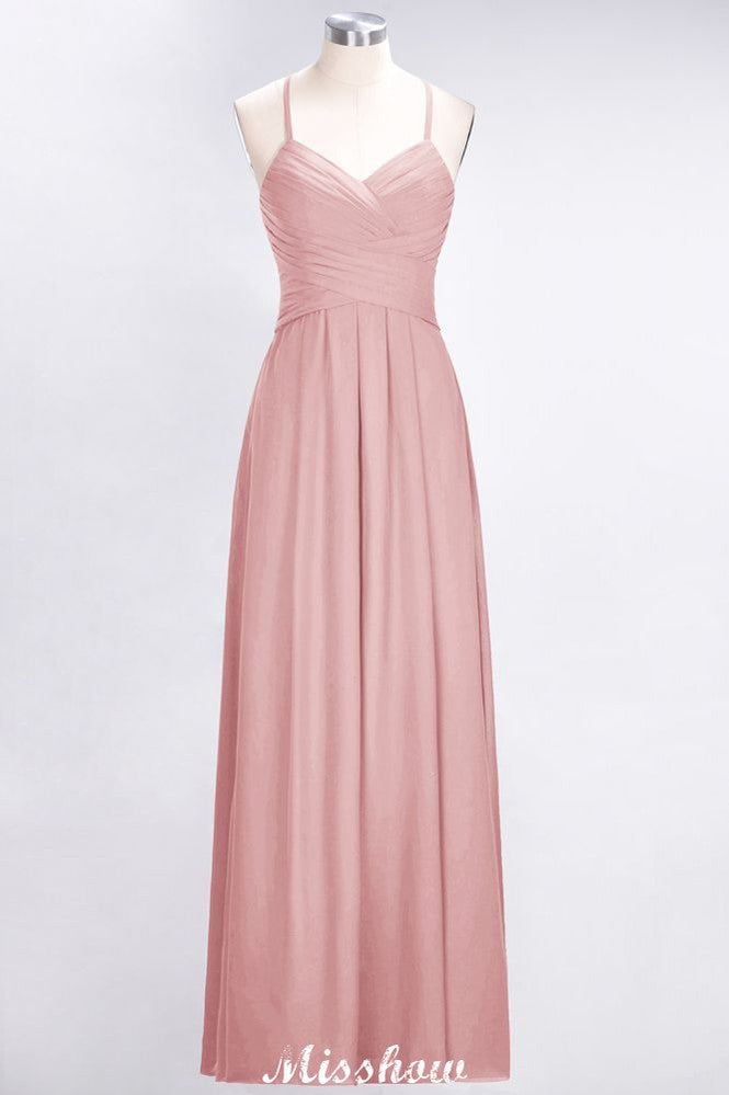 Vestido de dama de honor de corte evasé, sin mangas, con escote halter en V y volantes.