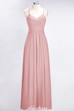 Vestido de dama de honor de corte evasé, sin mangas, con escote halter en V y volantes.