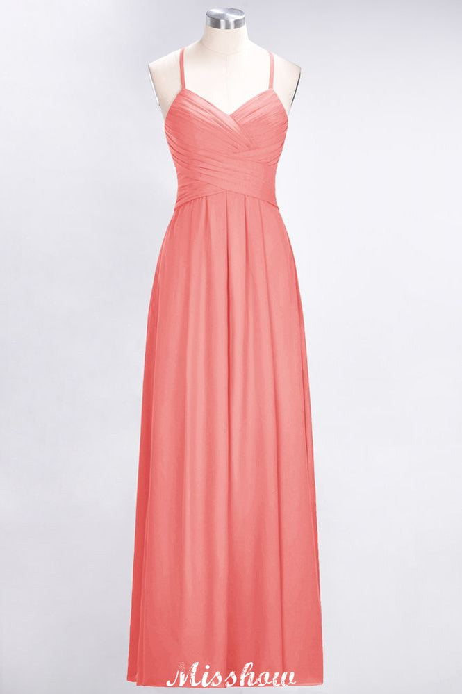 Vestido de dama de honor de corte evasé, sin mangas, con escote halter en V y volantes.