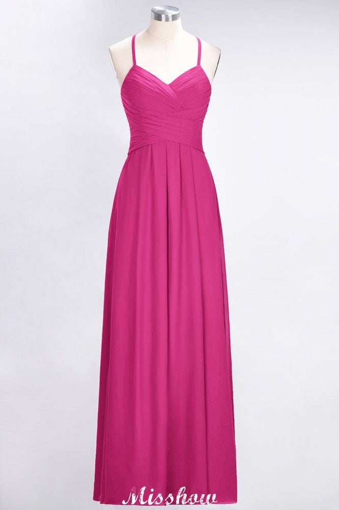 Vestido de dama de honor de corte evasé, sin mangas, con escote halter en V y volantes.
