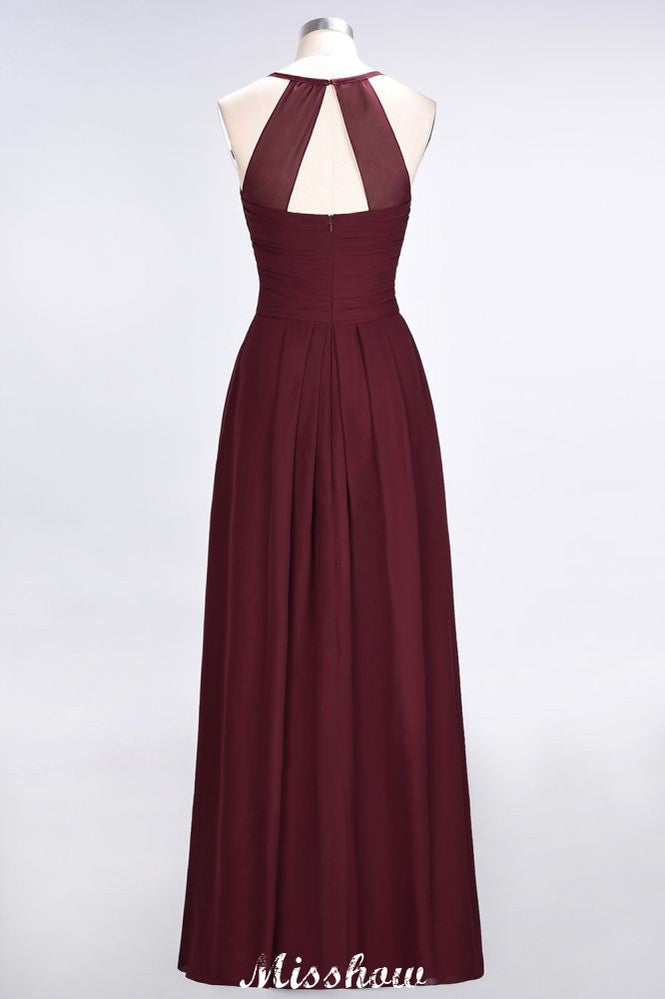 Vestido de dama de honor de corte evasé, sin mangas, con escote halter en V y volantes.