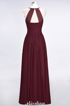 Vestido de dama de honor de corte evasé, sin mangas, con escote halter en V y volantes.