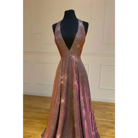 Vestido de fiesta brillante con escote halter y corte en A, estilo halter, con lentejuelas. 