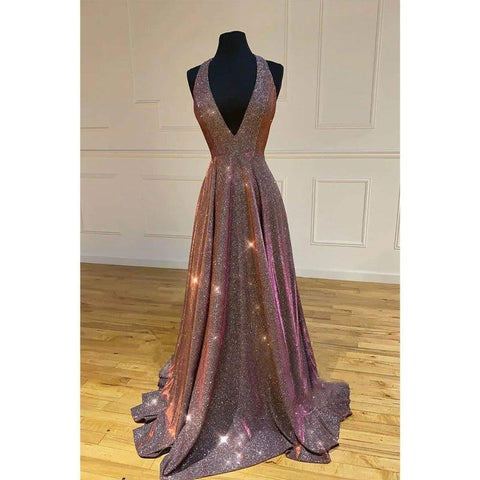 Vestido de fiesta brillante con escote halter y corte en A, estilo halter, con lentejuelas. 