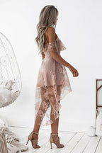 Vestido de fiesta de bienvenida sin mangas de encaje rosa rubor, corte asimétrico y corte en A