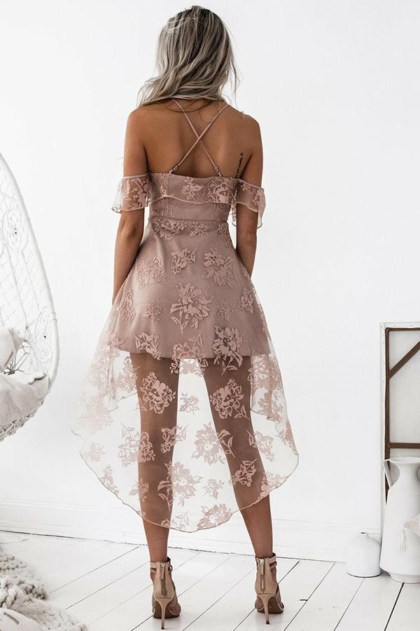 Vestido de fiesta de bienvenida sin mangas de encaje rosa rubor, corte asimétrico y corte en A