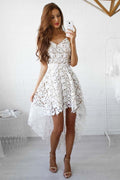 Vestido de fiesta/regreso a casa sencillo, corte en A, tirantes asimétricos, encaje blanco, PD022