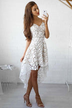 Vestido de fiesta/regreso a casa sencillo, corte en A, tirantes asimétricos, encaje blanco, PD022