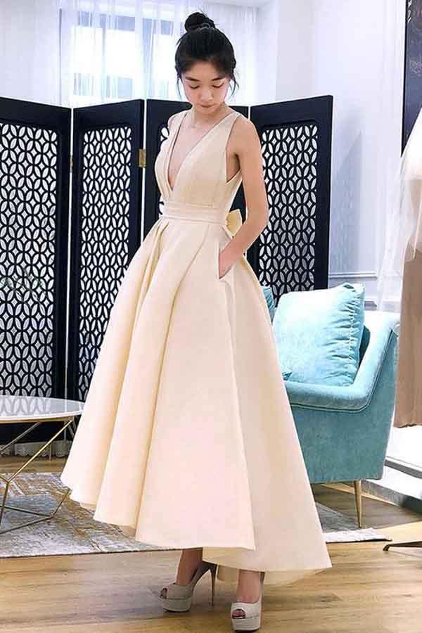 Vestido corto de fiesta de graduación con escote en V y corte asimétrico, estilo línea A, PG667
