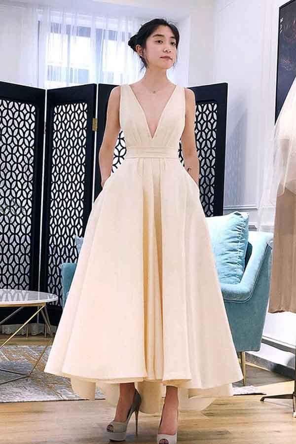 Vestido corto de fiesta de graduación con escote en V y corte asimétrico, estilo línea A, PG667