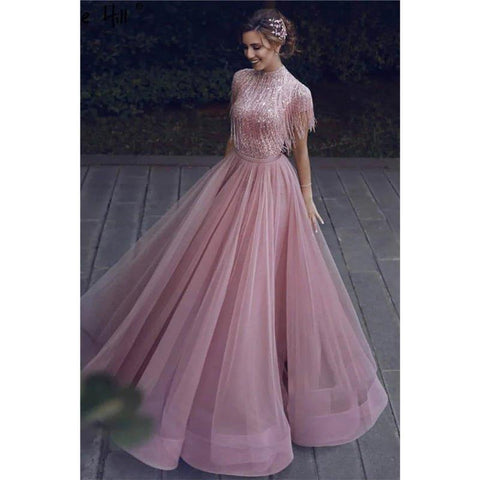 Vestido largo de fiesta de tul rosa con cuello alto y cuentas, corte en A 