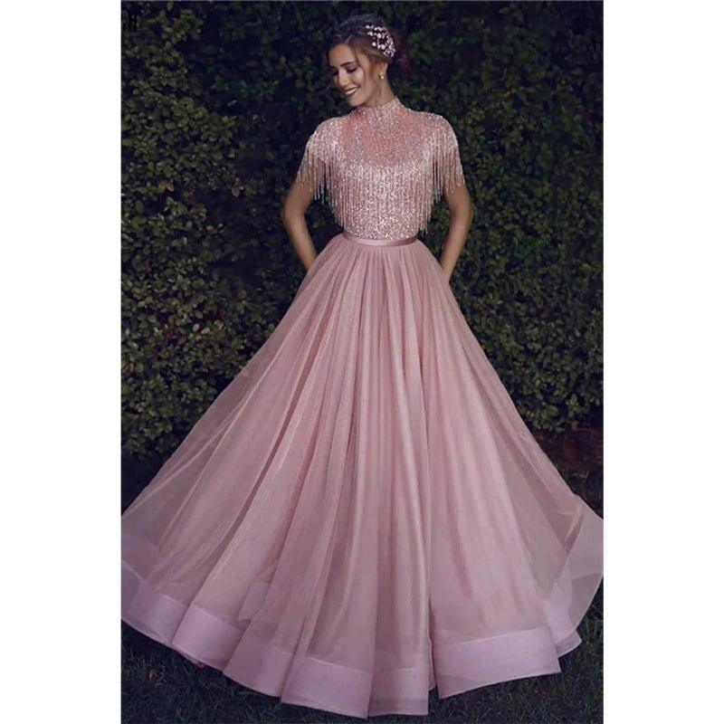 Vestido largo de fiesta de tul rosa con cuello alto y cuentas, corte en A 