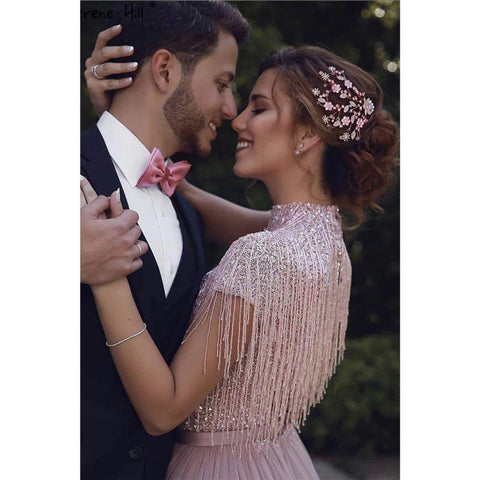 Vestido largo de fiesta de tul rosa con cuello alto y cuentas, corte en A 