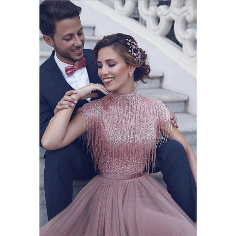 Vestido largo de fiesta de tul rosa con cuello alto y cuentas, corte en A 