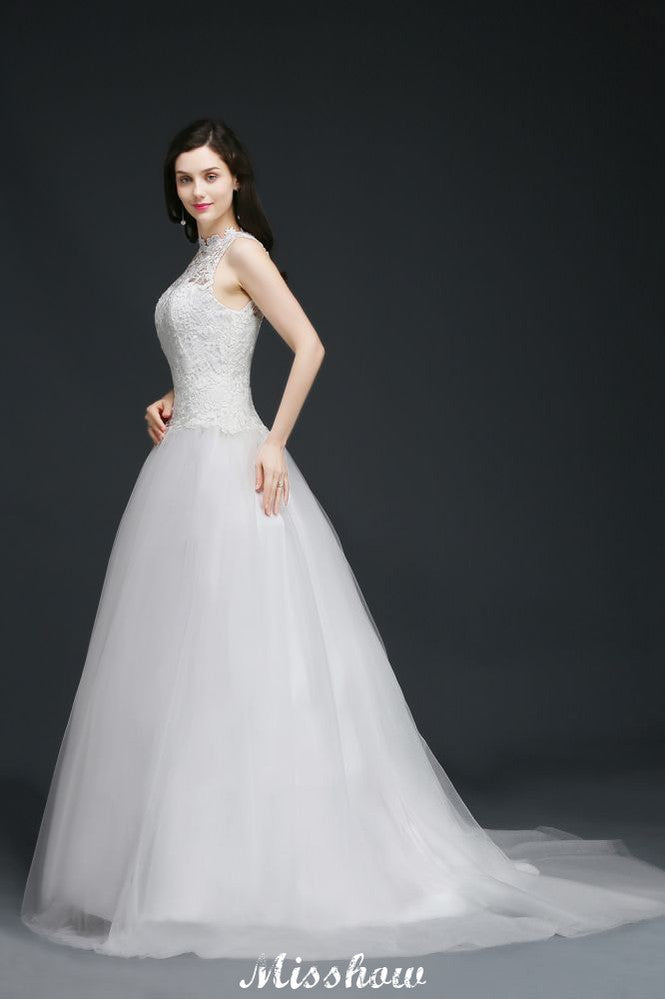 Vestido de novia delicado de corte A y cuello alto