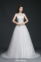 Vestido de novia delicado de corte A y cuello alto