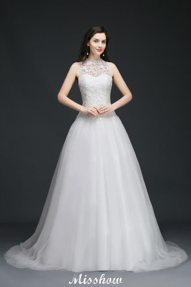 Vestido de novia delicado de corte A y cuello alto