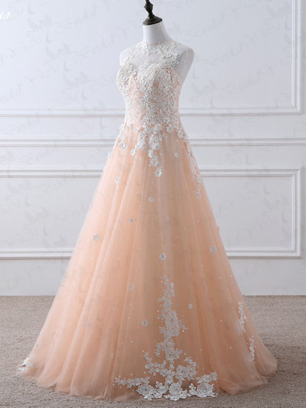 Vestidos largos de fiesta formales de noche con apliques de encaje, cuello alto y corte en A.