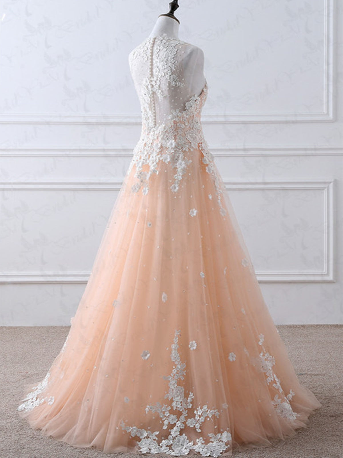 Vestidos largos de fiesta formales de noche con apliques de encaje, cuello alto y corte en A.