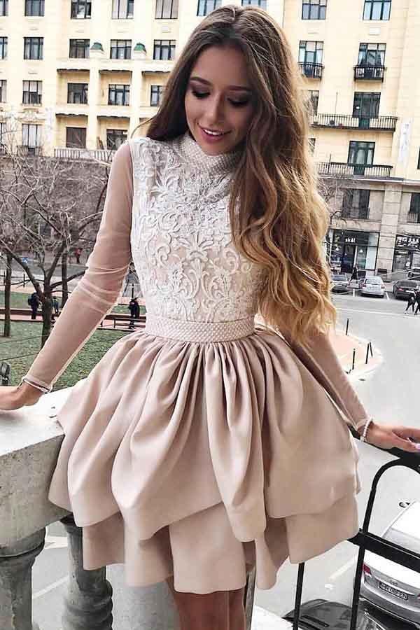 Vestido de fiesta de bienvenida de corte A, cuello alto, manga larga y apliques en las mangas PD117