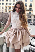 Vestido de fiesta de bienvenida de corte A, cuello alto, manga larga y apliques en las mangas PD117