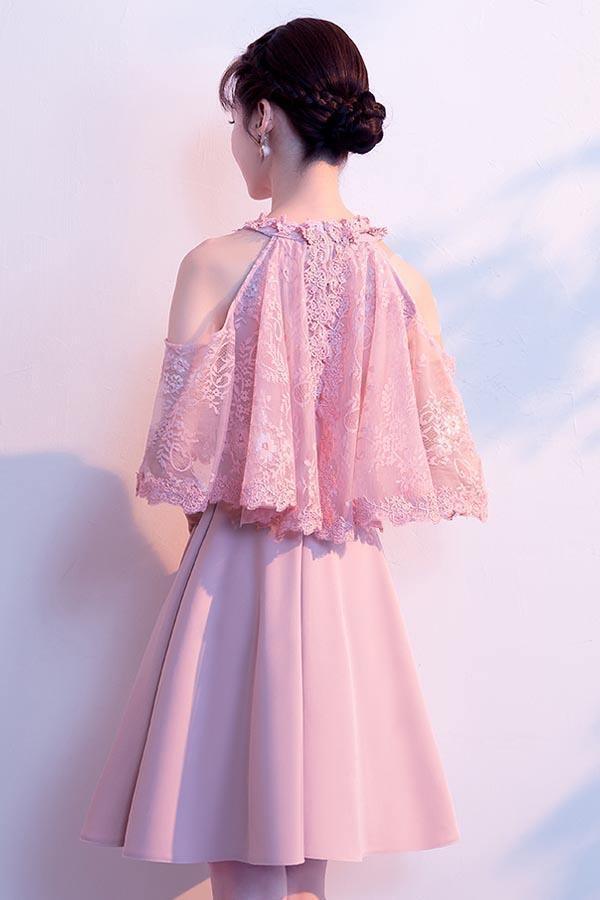 Vestidos de fiesta de satén rosa con cuello alto y corte en A para baile de bienvenida PD089