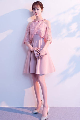 Robe de soirée rose satinée à col montant et coupe trapèze PD089